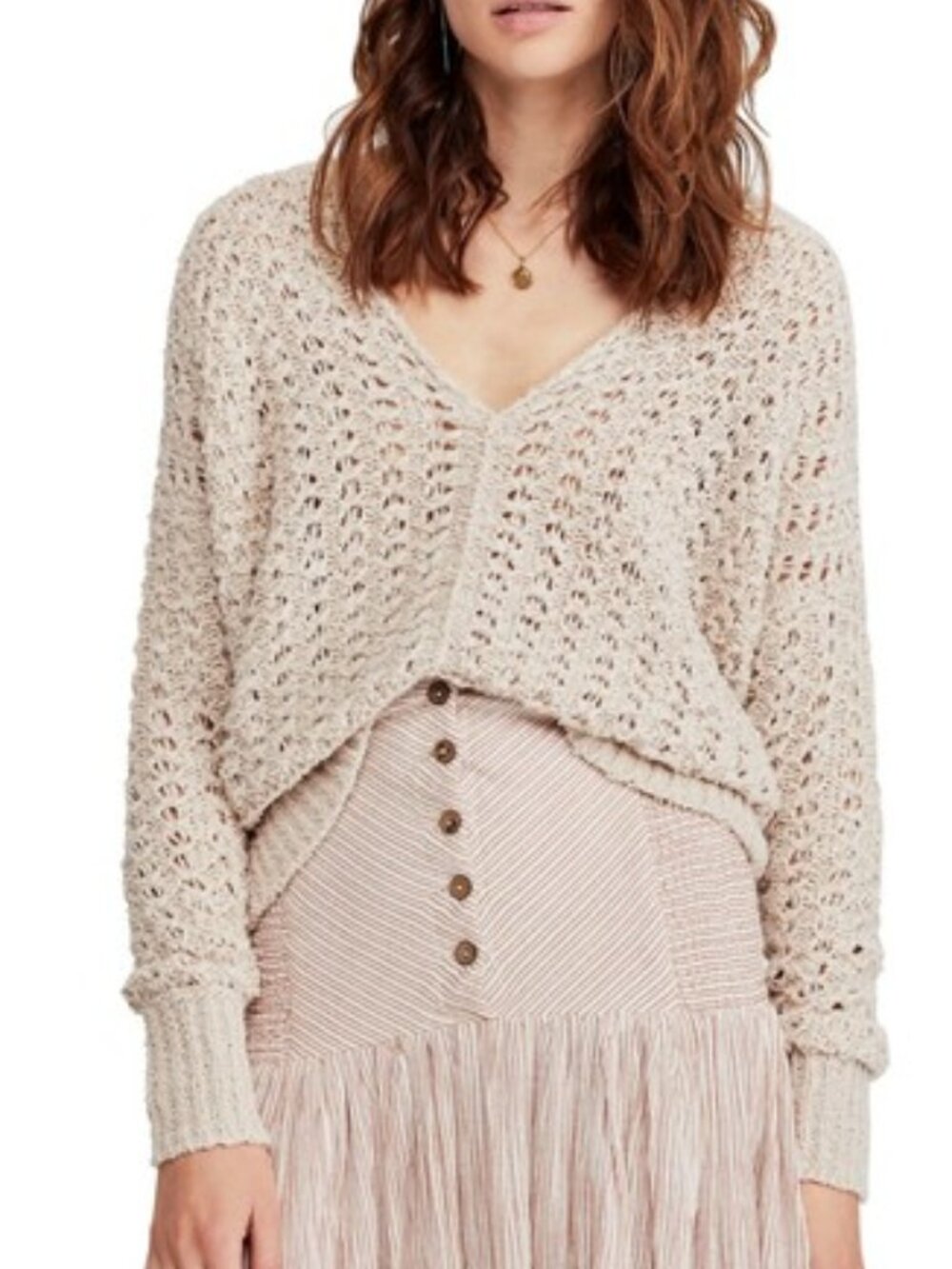 Free People Best of You V-Neck Sweater Size Medium Neutral Color Retail $128
